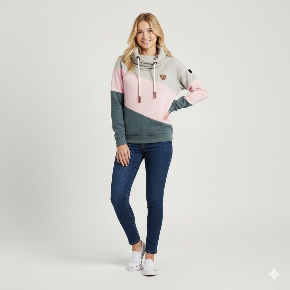 Wanakome Athena Hoodie Large Colorblock Pink Gray‎ Taupe Funnel Neck Sweatshirt
